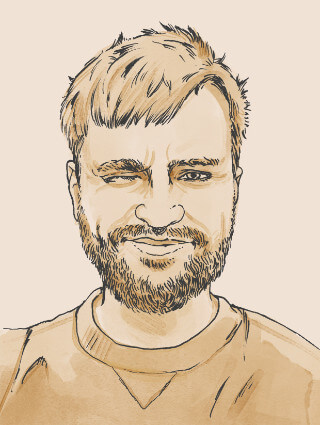 Handgezeichnetes Portrait von Julian, dem Co-Founder von UpCandle, mit zwinkerndem Auge – kreativ, sympathisch, nachhaltig