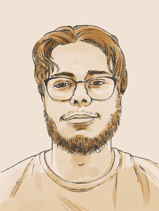 Handgezeichnetes Portrait von Leon, Produktionsexperte bei UpCandle, steht für sorgfältige Handarbeit und Qualitätsbewusstsein bei jeder Kerze