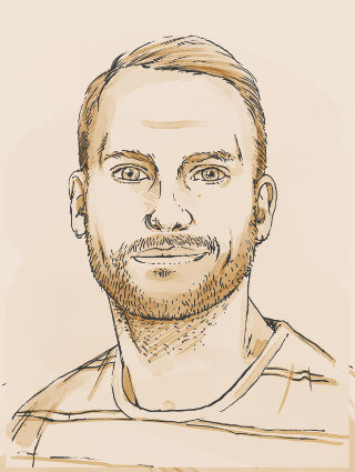 Handgezeichnetes Portrait von Marian, dem „Best Boy“ und Allrounder im UpCandle Team – hilfsbereit, vielseitig und immer mit vollem Einsatz dabei