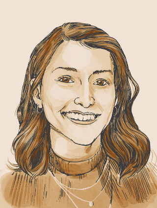 Handgezeichnetes Portrait von Seda, Mitinhaberin, Aromatherapeutin und Vertriebsnetzwerk-Architektin von UpCandle, Expertin für Duftkomposition und Nachhaltigkeit