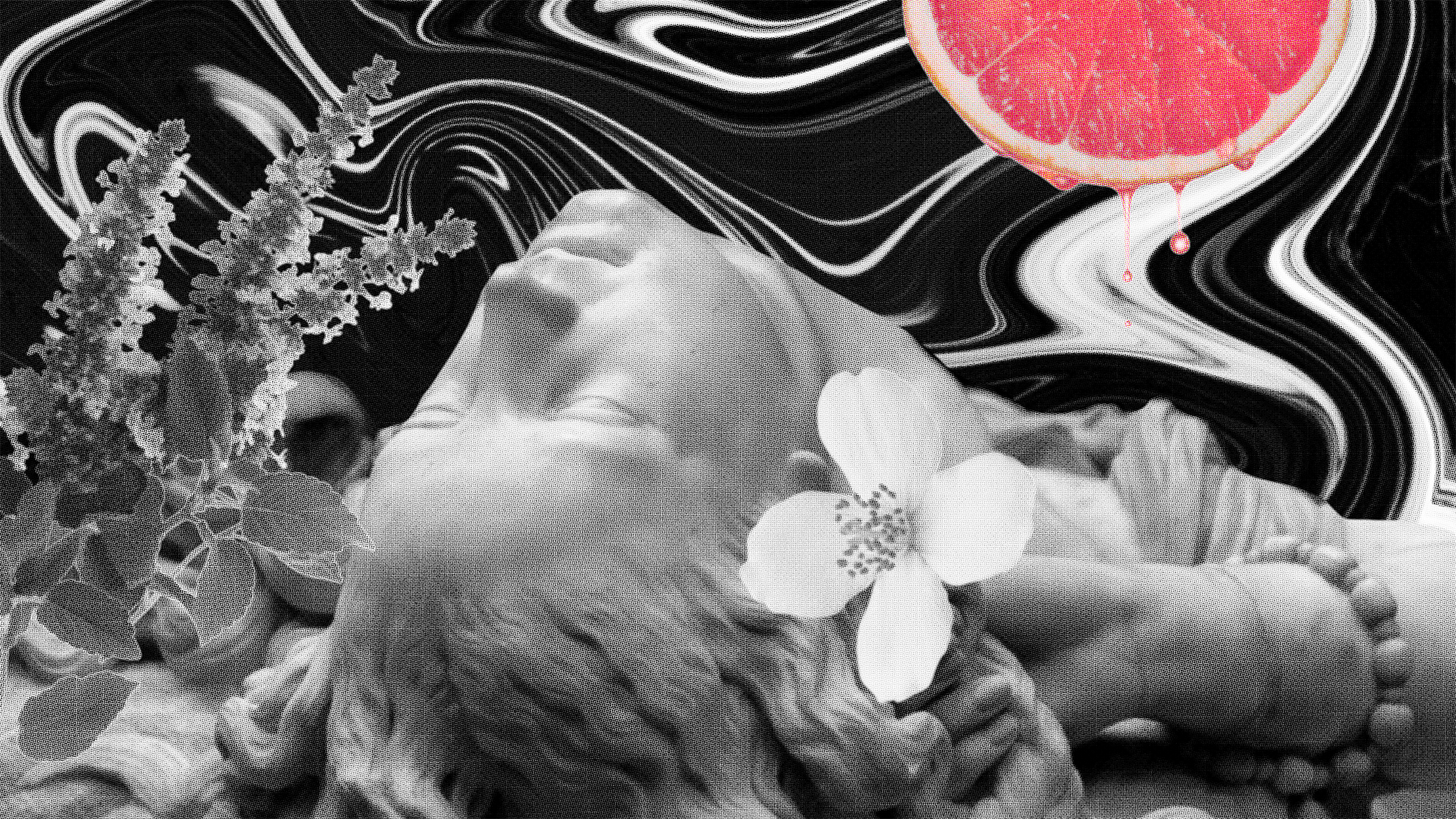 UpCandle® Kunst-Collage Aphrodite: Traumhaftes 20er-Jahre Design einer Frau mit Jasminblume in den Haaren, Grapefruit und Patchouli.