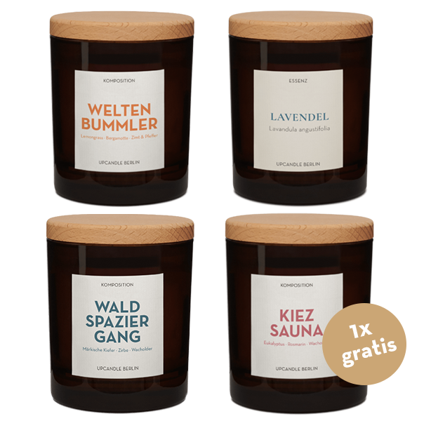 Natürliches Duftkerzen Geschenkset zum Selbstzusammenstellen: UpCandle Mix & Match Set mit vier handgemachten Aromakerzen im Glas aus Berlin.