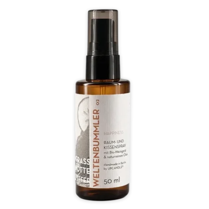 Natürliches Upcandle Raum- und Kissenspray Weltenbummler (50ml) in der Frontalansicht.